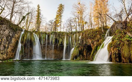 Plitvice Lakes National Park During Colorful Autumn, Croatia, Europe. Fall Colors Leafs On Trees. Wa