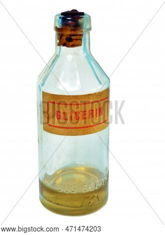 Vintage Glass Bottle For Storing Glycerin On White Background