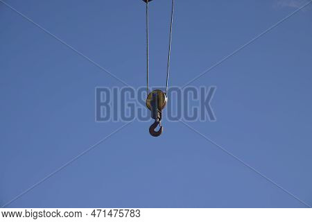 Crane. Hook And Cable Of A Port Crane. It Is Used To Raise And Lower Boats Into The Water.