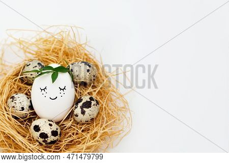 Banner. Happy Easter Day Concept With Cute Eggs And Quail Egg On White Background. The Minimal Conce