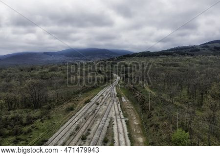Aerial Drone View Landscape Abandoned Train Station In 