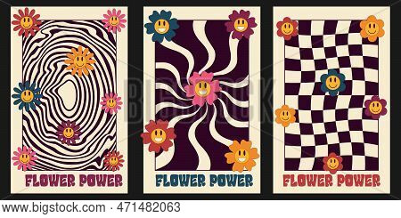 Vector Set Of Hipie Posters With Cartoon Groovy Daisy.flower Power. Placard With Funny Smile Faces I