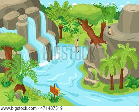 Isometric Jungle Animal Composition With Wild Tropical Landscape Waterfall Exotic Trees And Monkeys 