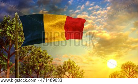 Waving Flag Of Romania At Sunset For Memorial Day - Abstract 3d Illustration