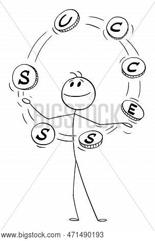 Businessman Juggling With Word Success , Vector Cartoon Stick Figure Illustration