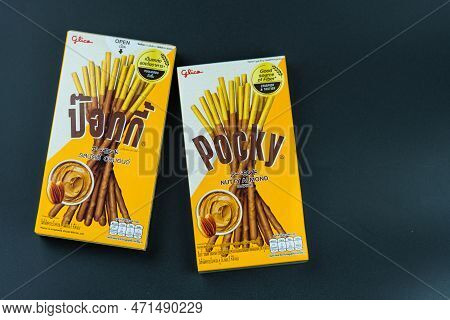 Bangkok, Thailand - February 25, 2023 : Biscuit Stick Box With Pocky Brand, Pocky Nutty Almond Flavo