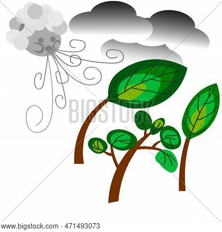 Vector Graphics. Abstraction. Nature. Clouds. Strong Wind Blows. Trees Bend In The Wind.