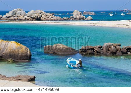 Plounéour-brignogan-plages, Brittany, France - June 15 2015 : Man On His Boat At Rocky Beach In The 