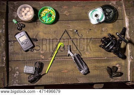 Multifunctional Knife With Scissors. Scissors And Other Tools For Fishing. Tools On The Box. View Fr