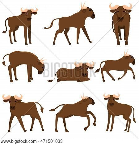 Wildebeest Icons Set. Cartoon Set Of Wildebeest Icons For Web Design