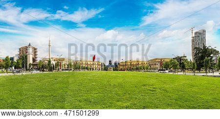 Panorama Of Skanderbeg Square And Skanderbeg Monument In Tirana In A Beautiful Summer Day, Albania