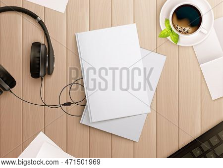 Books Mockup Composition With Realistic Images Of Copybooks Headphones And Coffee On Top Of Wooden T