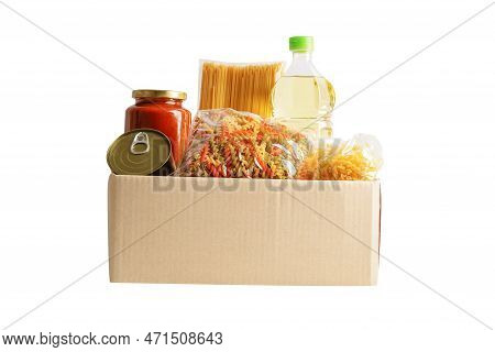 Foodstuffs In Donation Box Isolated On White Background With Clipping Path For Volunteer To Help Peo
