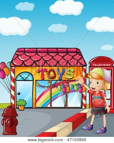 Ilustração de um menino usando um chapéu acenando do lado de fora da loja de brinquedo