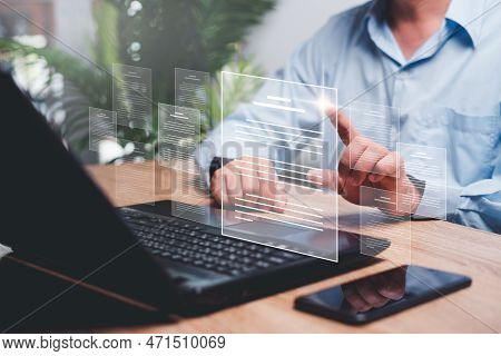 The Company\'s Online Document Management Concept , Businessman Point On Document On Virtual Screen,