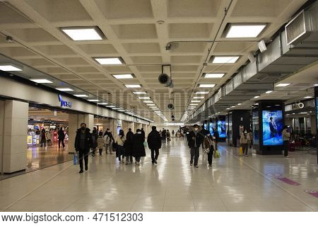 Korean People And Foreign Traveler Passengers Walking Carry Luggage Bag Go To Terminal For Check In