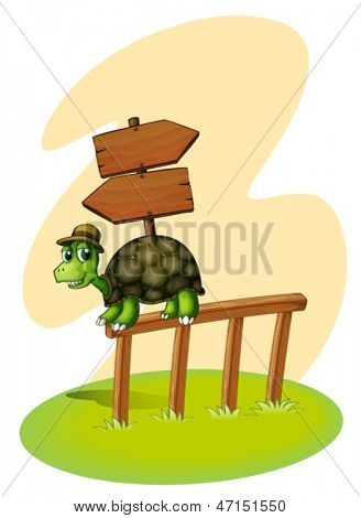 Abbildung einer Schildkröte über den Zaun mit einer leeren Arrowboards auf weißem Hintergrund