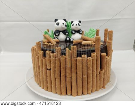 Birthday Cake With Panda Bear And Wafer Rolls On White Background Panda And Bamboo