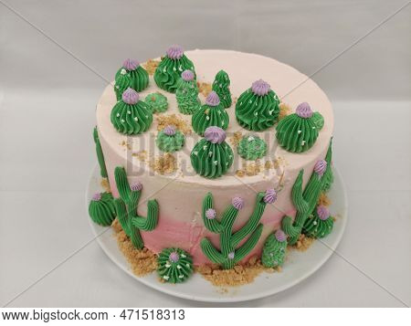 Cake Decorated With Cactus On A White Background In A Restaurant, Cactus Theam Cake