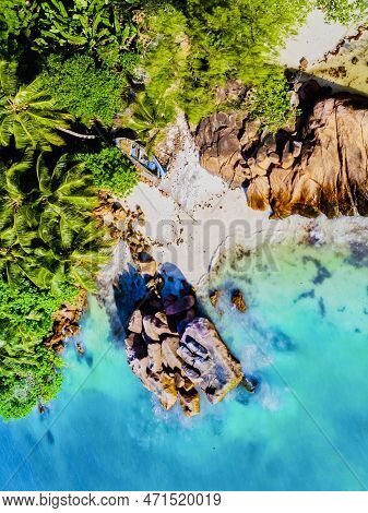Drone View From Above At A Tropical Beach In The Seychelles, Anse Volbert Beach Praslin