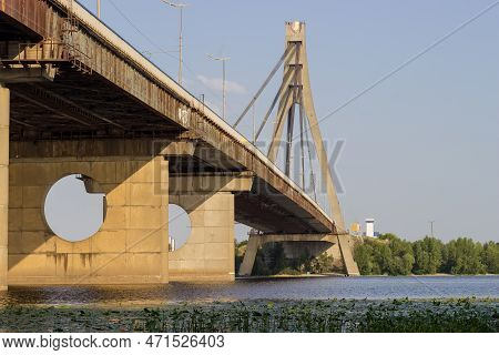 Modern Road Cable-stayed Bridge Over The Wide River With One Pylon And Steel Cables, Bottom View Fro