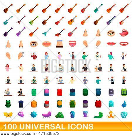 100 Universal Icons Set. Cartoon Illustration Of 100 Universal Icons Set Isolated On White Backgroun