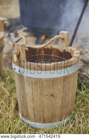 Antique Wooden Bucket At The Viking Festival In Denmark