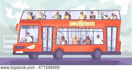 Bus Excursion Flat Composition With Cityscape Silhouette Background And Doubledeck Sightseeing Bus W