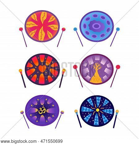 Set Of Musical Instruments Hang Drum, Glucophone With Drumsticks. Different Print Drawn In Center. M