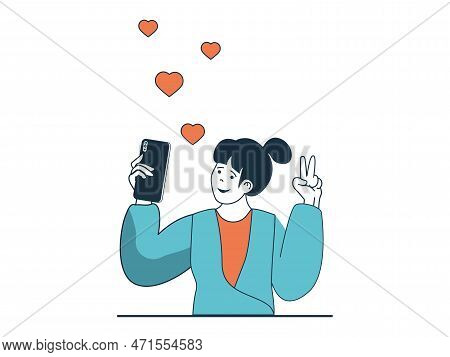 Internet Addiction Concept With Character Situation. Woman Addicted To Attention On Internet, Often 