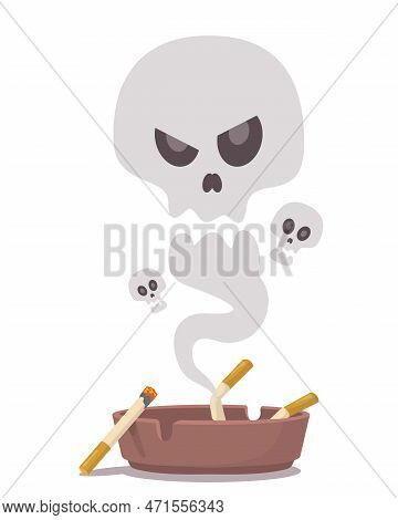 Cigarette Smoke In Shape Of Human Skull Vector Illustration. Ash Tray With Burning Cigarettes Isolat
