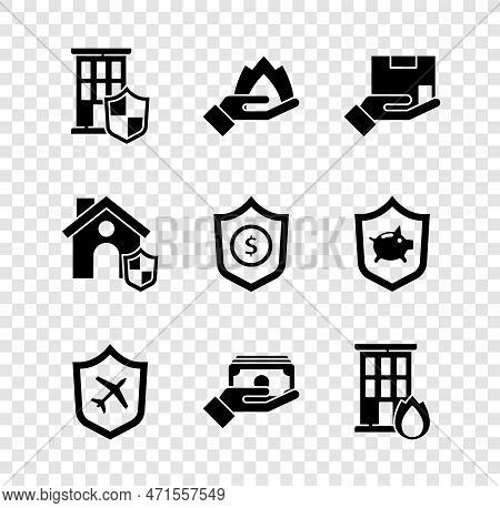Set House With Shield, Hand Holding A Fire, Delivery Insurance, Plane, Stacks Paper Money Cash, Fire