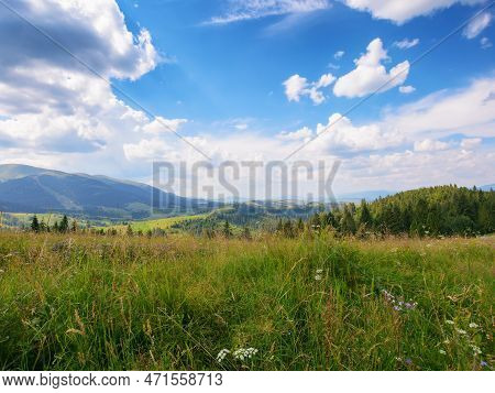 Nature Scenery With Hills And Meadows. Rural Valley In The Distance. Sunny Forenoon In Summertime. B