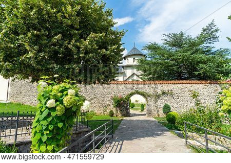 Monastery Wall Of Moraca Monastery. Serbian Orthodox Monastery Located In Valley Of Moraca River In 