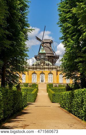 New Chambers (neue Kammern) Palace And Windmill (windmuhle) In  Sanssouci Park, Potsdam, Germany