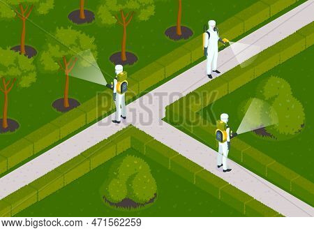 Isometric Pest Control Composition With Outdoor Garden Scenery And Desinsection Team Of Workers In C