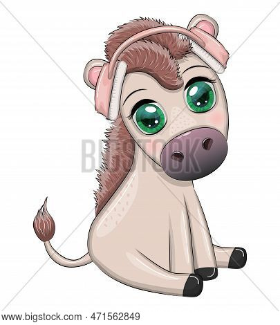 Donkey In Headphones Listens To Music. I Love Music, Cute Character