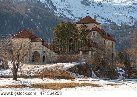 Silvaplana, Switzerland, February 21, 2023 Historic Old Castle Crap Da Sass At The Lake Of Silvaplan