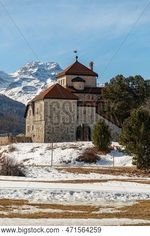 Silvaplana, Switzerland, February 21, 2023 Historic Old Castle Crap Da Sass At The Lake Of Silvaplan