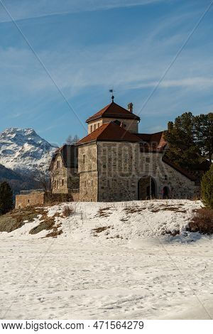 Silvaplana, Switzerland, February 21, 2023 Historic Old Castle Crap Da Sass At The Lake Of Silvaplan