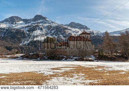 Silvaplana, Switzerland, February 21, 2023 Historic Old Castle Crap Da Sass At The Lake Of Silvaplan