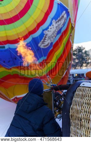 Heating Up A Balloon With A Burner. Taken At 42nd International Balloon Festival In Chateau D'oex In