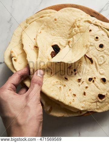 Soft Lavash Bread On White Background. Homemade Freshy Baked Lavash Bread Is Perfect For Kebabs, Sha