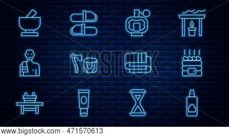 Set Line Spray Can For Hairspray, Hot Sauna Stones, Aftershave, Wooden Axe In Stump, Man The, Mortar