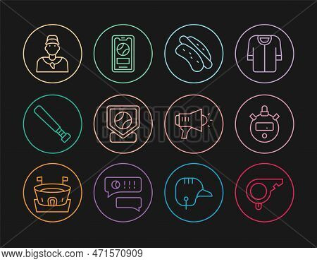 Set Line Whistle, Stopwatch, Hotdog Sandwich, Baseball Base, Bat, Coach, Megaphone And Mobile With B