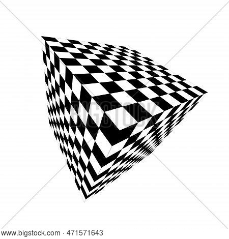 3d Checkered Cube In Perspective Focused On Corner. Isometric Box With Chequered Pattern. Square Sha