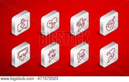 Set Line Donation Food, Leaf In Heart, Hand, Education Grant, First Aid Kit, Animal Volunteer And Ch
