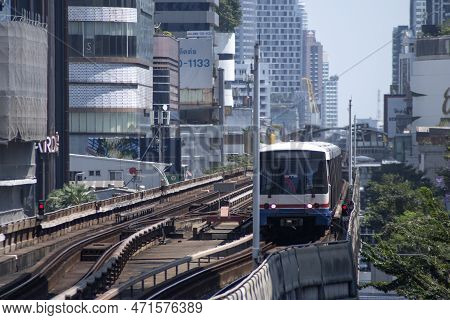 Bangkok, Thailand- 14 Feb, 2023: Bts Sky Train Is Running In Downtown Pass Through Skycrapers Busine