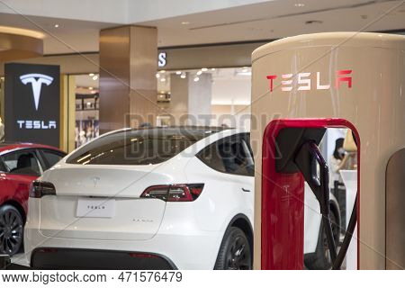 Bangkok, Thailand- 17 Feb, 2023: Tesla Electric Cars Display On The Showroom In The Shopping Mall, B