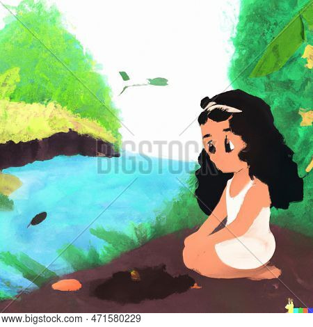 A Brunette Girl Playing Near The River